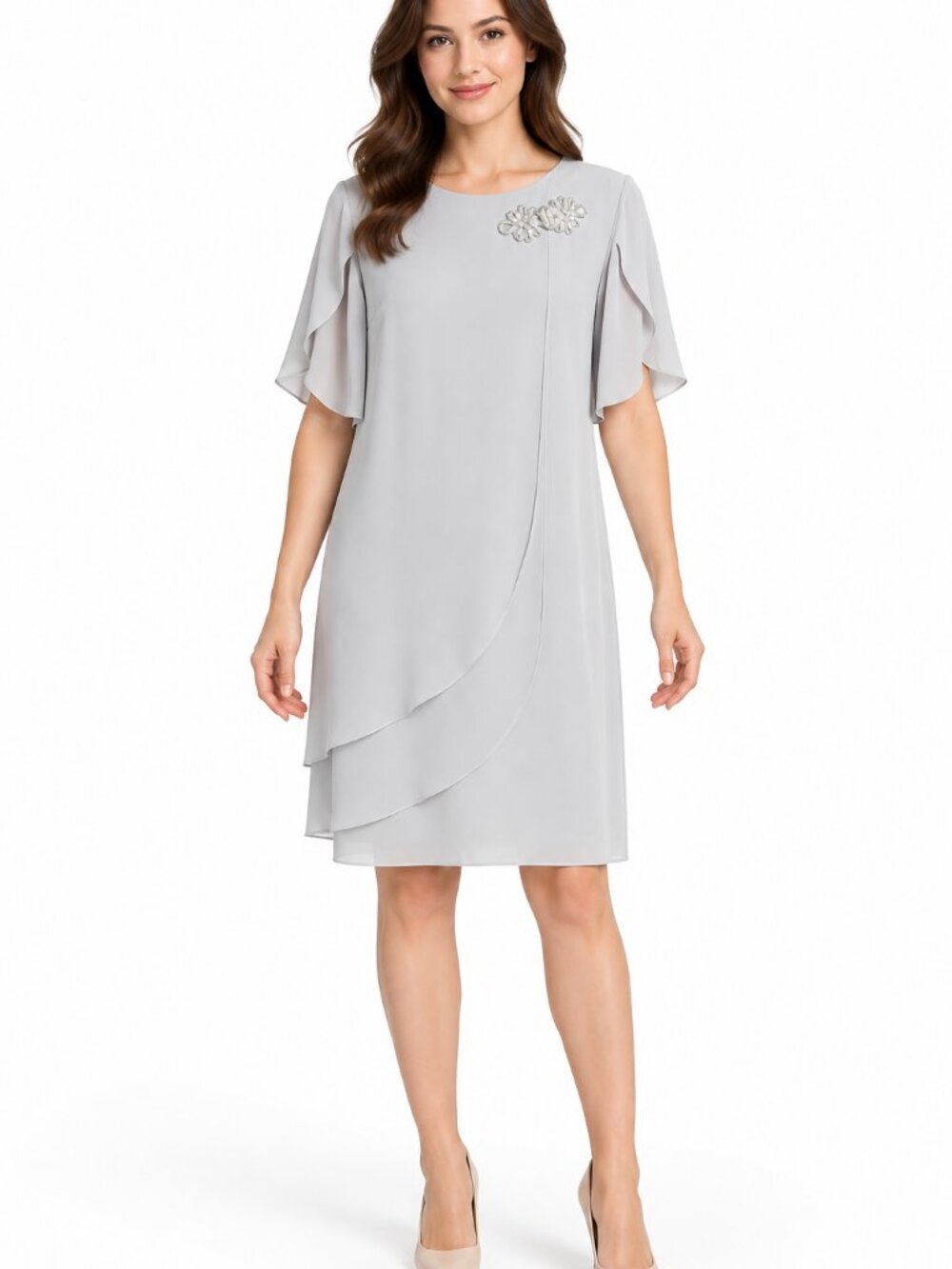 Ursula of Switzerland Light Blue Grey Layered Beaded Accent Dress Size 10